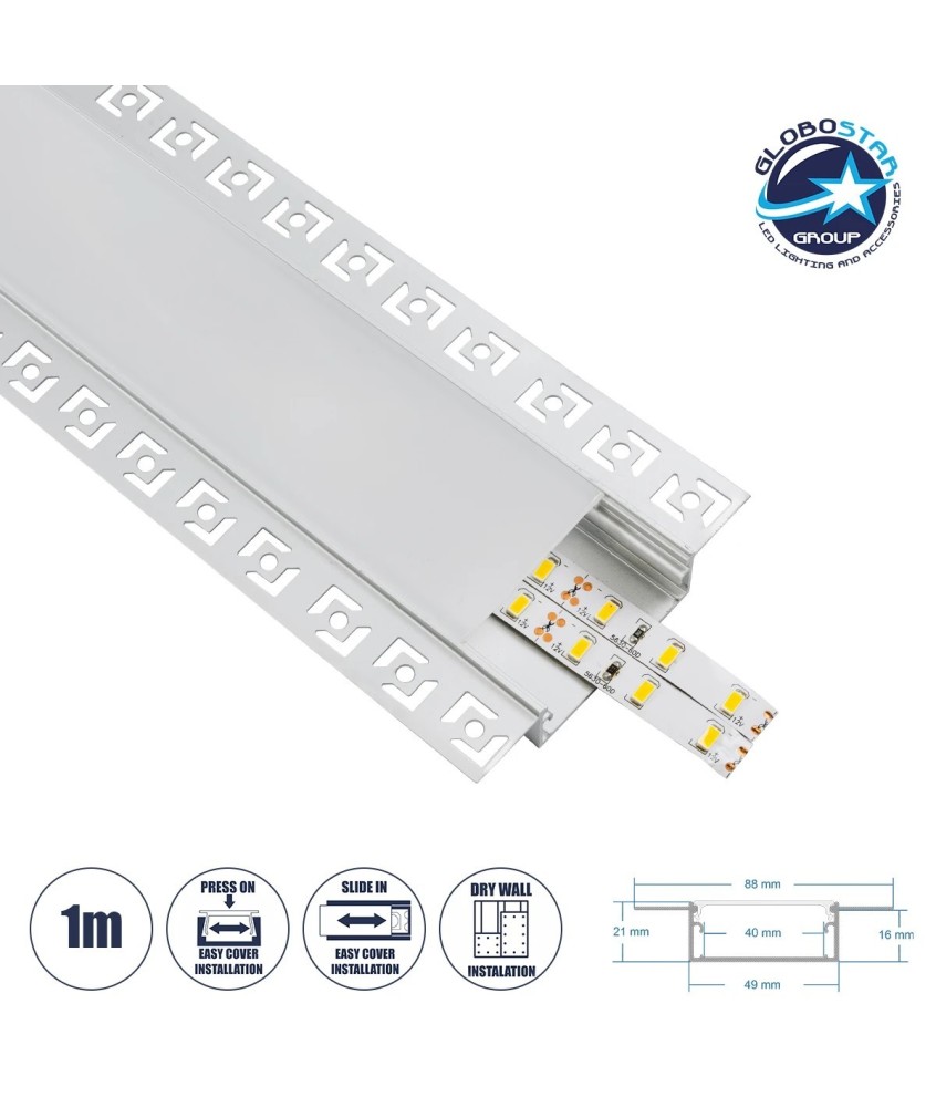 GLOBOSTAR® ALP-PLASTERIN GYPSO 70862-1M Χωνευτό Προφίλ Αλουμινίου Ειδικό για Γυψοσανίδα με Λευκό Γαλακτερό Πατητό Κάλυμμα για Ταινίες LED IP20 - Ασημί & Λευκό - Μ100 x Π8.8 x Υ2cm